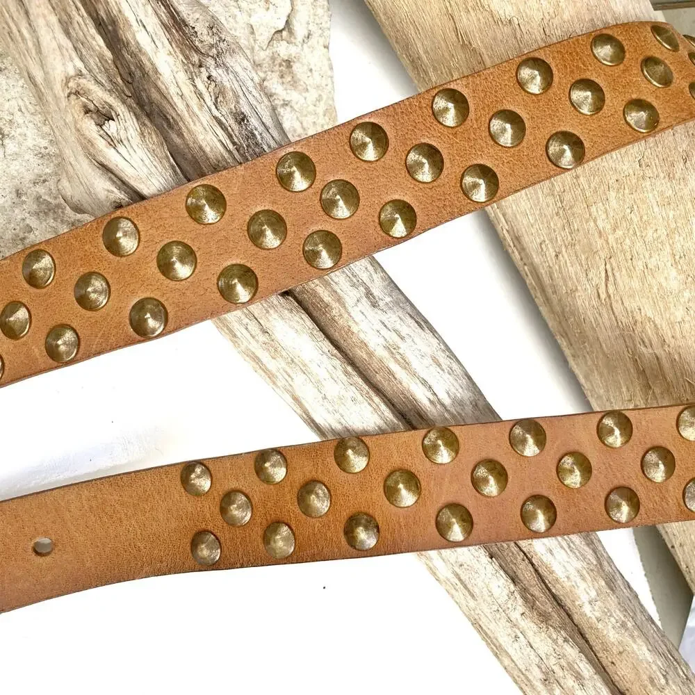 Vintage Nine West Cognac Leather Studded Belt Y2K Unisex Brass Punk Moto Western
